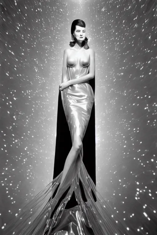 Image similar to a highly detailed unreal engine symmetric portrait of a long legged flawless goddess in a latex dress in an endless galaxy, boke, tilted frame, henry cartier bresson