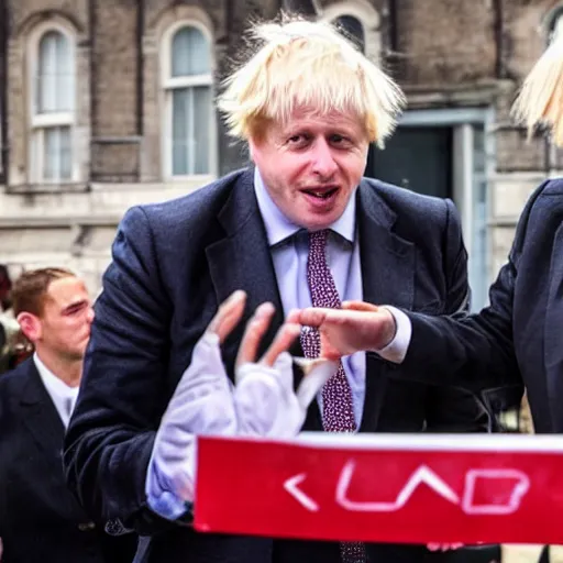 Prompt: Boris Johnson having a rap battle with Eminem, digital photograph