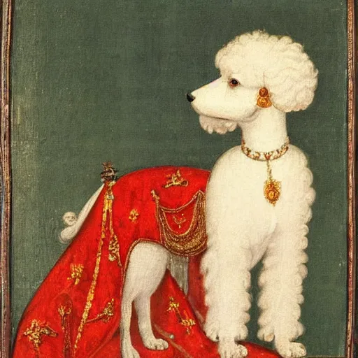 Image similar to portrait of a white poodle as an italian duchess, italo - byzantine era painting 9 0 0 ce