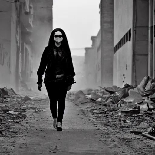 Prompt: A badass photo of monalisa walking in a post-apocalyptic movie, 50 mm