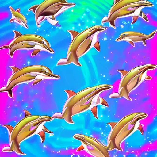 Image similar to dolphins jumping over a pile of crystal rocks in a lisa frank style, digital art