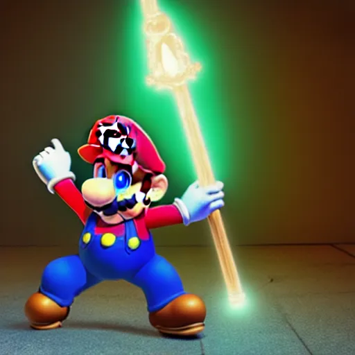 Image similar to super mario as a wizard holding a magical glowing staff, highly detailed, extremely high quality, hd, 4 k, 8 k, professional photographer, 4 0 mp, lifelike, top - rated, award winning, realistic, detailed lighting, detailed shadows, sharp, no blur, edited, corrected, trending