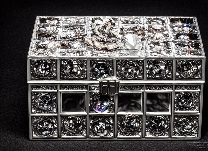 Image similar to reflective crystal box with horrors inside. Fantasy horror style. Highly detailed 8k. Intricate. Nikon d850 55mm. Award winning photography.