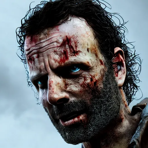 Image similar to rick grimes, the walking dead, zombiefied, head and shoulders shot, medieval, vivid colors, sharp focus, digital art, Hyper-realistic, 4K, Unreal Engine, Highly Detailed, HD, Dramatic Lighting by Brom, trending on Artstation