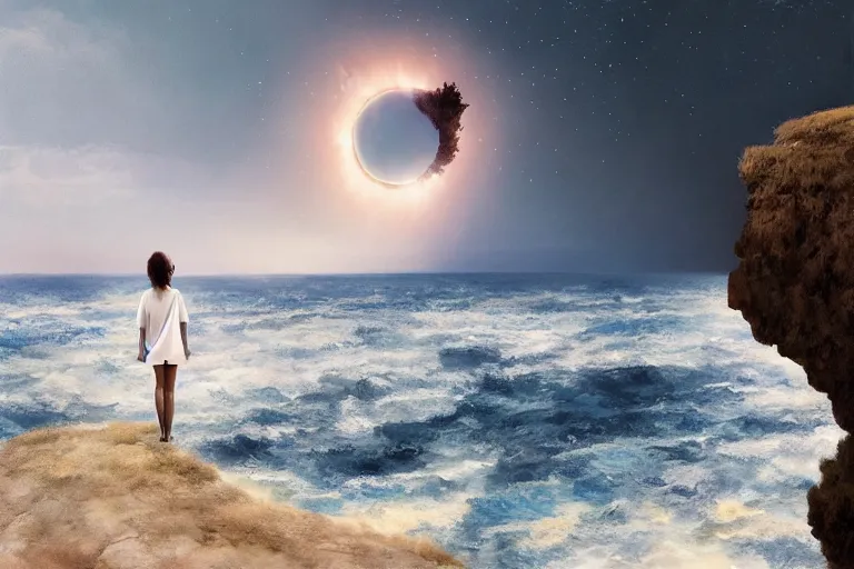 Image similar to giant white daisy flower over head, girl walking on cliff, surreal photography, solar eclipse, milky way, dramatic light, impressionist painting, clouds, digital painting, artstation, james gilleard and liam wong and jeremy mann