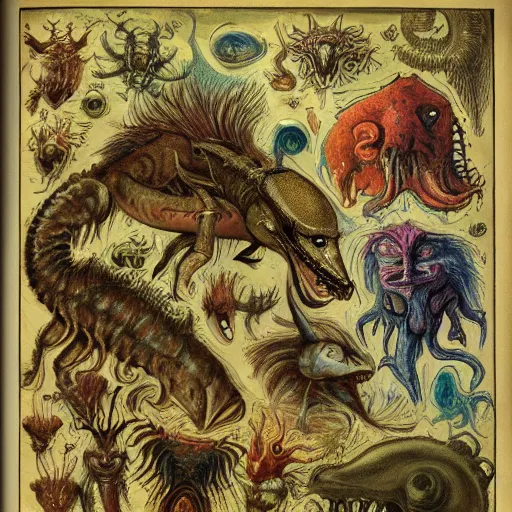 Image similar to bestiary of creatures from the depths of the unconscious psyche