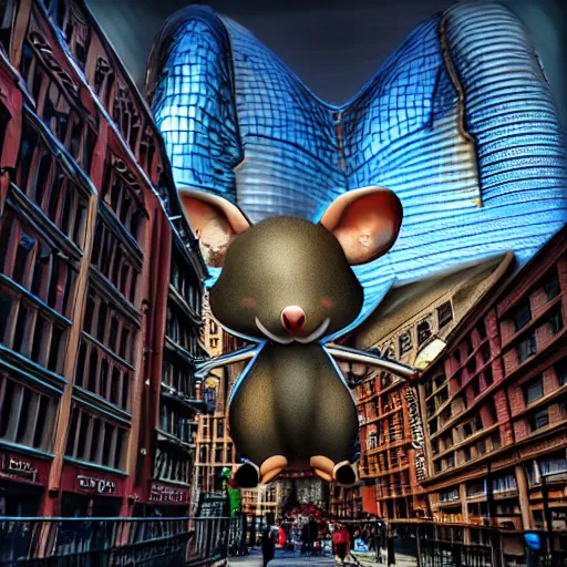 Image similar to giant mouse in the city, photorealistic, highly detailed, sharp focus, vivid, symmetrical, random, convoluted, mind - blowing, creative, fully functional, physics defying, amazing, cool, hdr