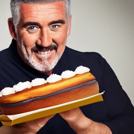 Prompt: a close up photo of Paul Hollywood stealing a pack of 6 cakes from the bakery, excited expression, running towards the camera, photorealistic, clear lighting, detailed, 4k