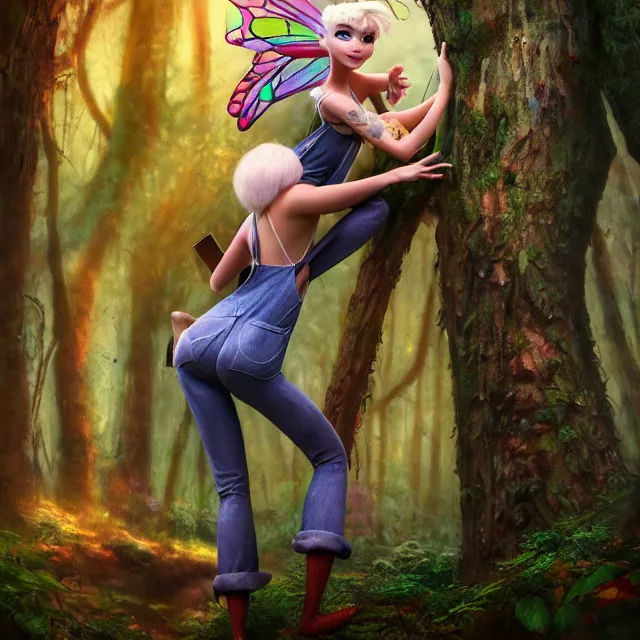 Image similar to full body pose, beautiful adult fairy, pixar, short white hair shaved sides, dirty, grungy, grunge, long sleeve, painted overalls, magic stacks of giant books in a forest, highly detailed, 4 k, hdr, smooth, sharp focus, high resolution, award - winning photo, artgerm, photorealistic