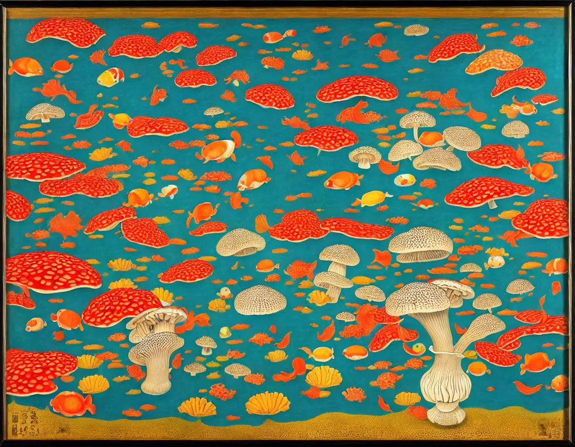 Prompt: vase of mushroom in the sky and under the sea decorated with a dense field of stylized scrolls that have opaque red outlines, with koi fishes and sponges ambrosius benson, kerry james marshall, oil on canvas, hyperrealism, light color, no hard shadow, around the edges there are no objects