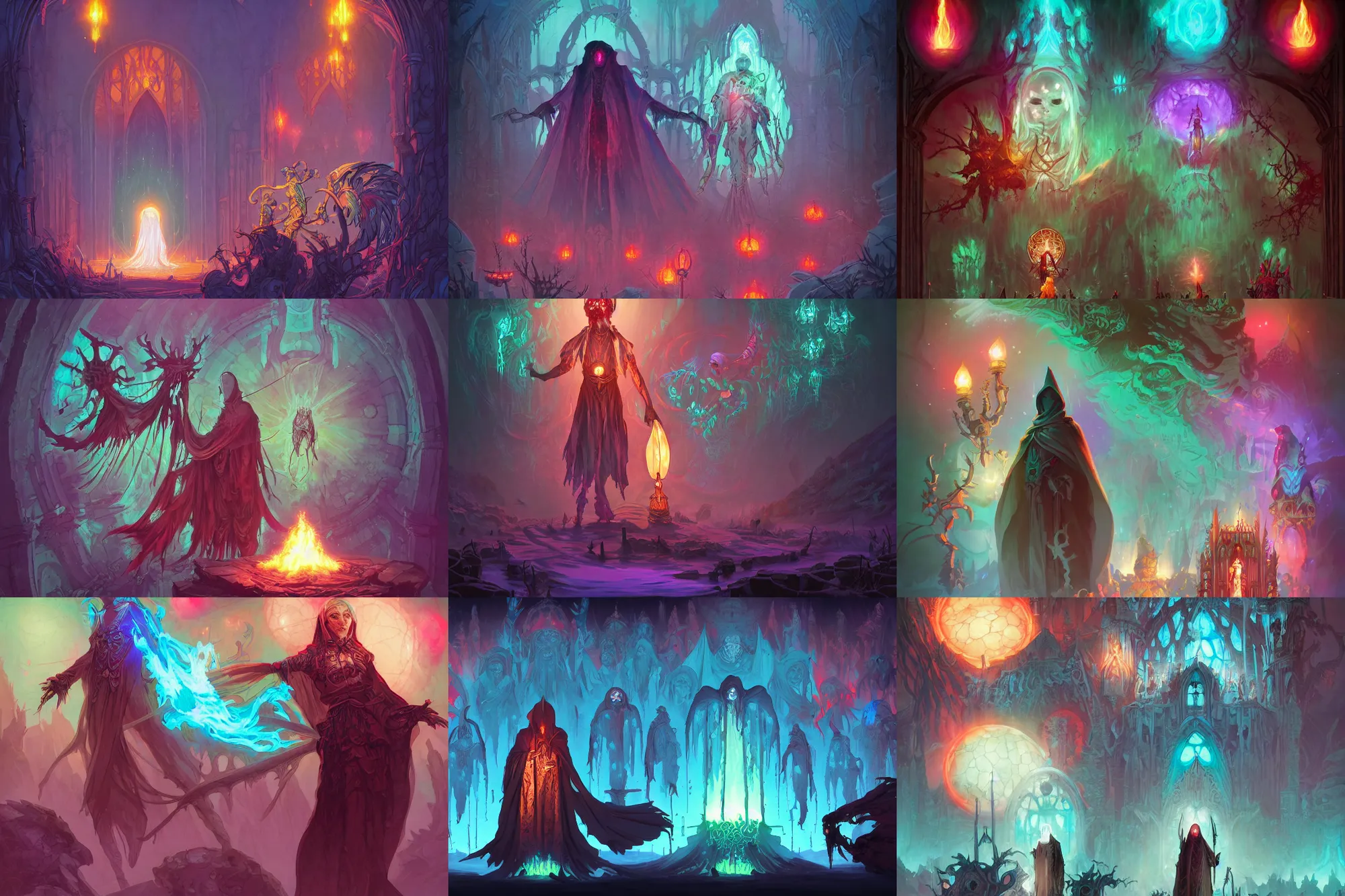 Prompt: necromancer covered with a white ghost mantle, stained glass!! infographic with illustrations!!!, glowing lights, epic fantasy, colorfully, digital art, highly saturated colors, concept art, detailed illustration, hd, 4 k, digital art, greg rutkowski, dan mumford, studio ghibli trending on artstation