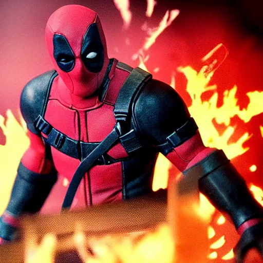 Image similar to wade wilson claymation, deadpool, action scene, explosions, cinematic, volumetric lighting