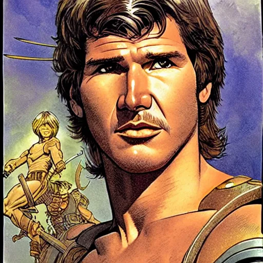 Prompt: a realistic, very beautiful and atmospheric portrait of young harrison ford as he - man character warrior wizard, prince of the universe, looking at the camera with an intelligent gaze by rebecca guay, michael kaluta, charles vess and jean moebius giraud