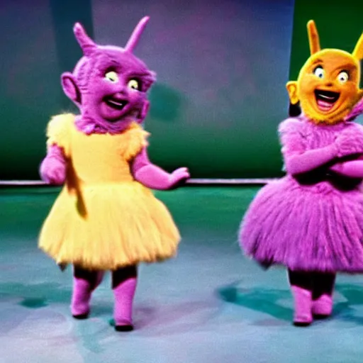 Prompt: A musical comedy in technicolor with Gene Kelly featuring the Teletubbies