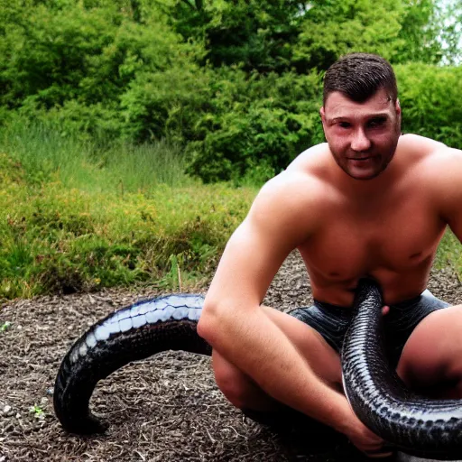 Image similar to man has a huge anaconda between his legs, 8 k hd,