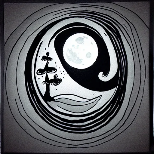 Image similar to zen, moon and rabbit, ink