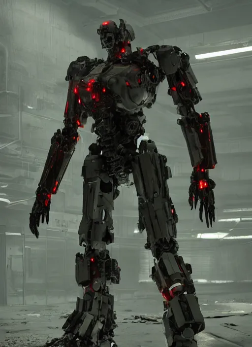 Prompt: mecha wearing black cloak chrome internals wiring harness armored damaged. glowing red eye bright. muscular thick arms. creepy decay style of Roger Deakins Jeremy Saulnier Newton Thomas Sigel Robert Elswit Greig Fraser trending rtx on ue4