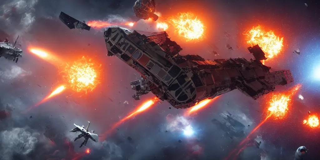 Prompt: ultra realistic detailed spacecraft battle scene, cinematic scifi shot, laser fire, explosions, ultra realistic details, 8 k