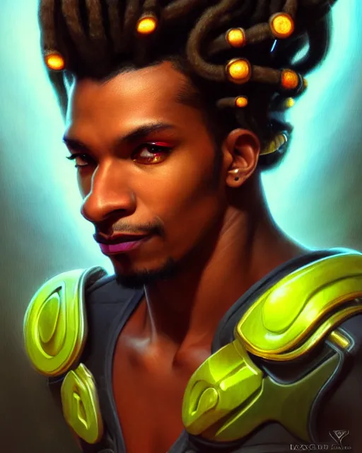 Image similar to lucio from overwatch, dreadlocks, fantasy, fantasy art, character portrait, portrait, close up, highly detailed, intricate detail, amazing detail, sharp focus, vintage fantasy art, vintage sci - fi art, radiant light, caustics, by boris vallejo