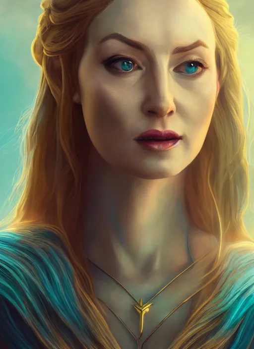 Image similar to an epic fantastic realism comic book style portrait painting of galadriel, teal energy, female, golden hair, d & d concept art, unreal 5, daz, hyperrealistic, octane render, cosplay, rpg portrait, dynamic lighting