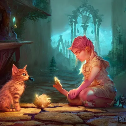 Image similar to a beautiful stunning fantasy whimsical matte digital concept painting of a kitten learning magic by kit faced and marc simonetti, magic the gathering, trending on artstation hq, contest winner, masterpiece, pastel color palette, 8 k resolution