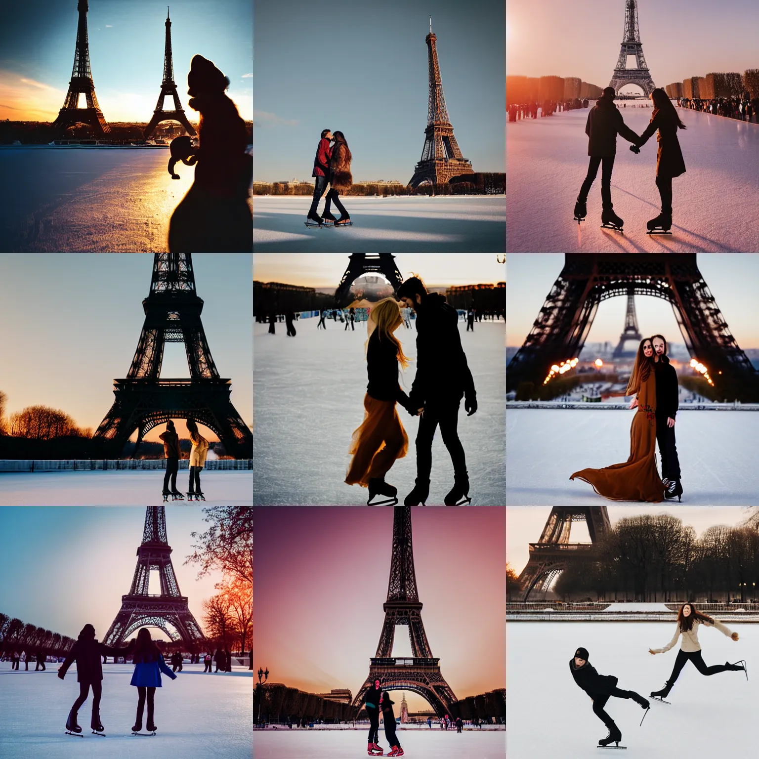 Prompt: extreme long shot, landscape, man and woman with long brown hair ice skating in front of eiffel tower, soft lighting, soft aesthetic, cool pallet, soft focus