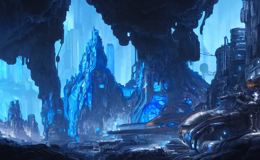 Prompt: cyberpunk factory in a giant dark cave, black rocks cave, detailed cave stones, deep cave, dramatic light, blue crystals, hyper detailed, realistic, intricate, concept art by frank hong, mate painting, artstation