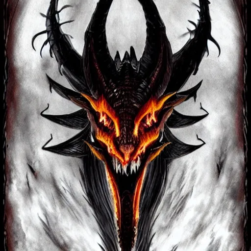 Prompt: fantasy hell dragon from lord of the rings with flames coming from its eyes
