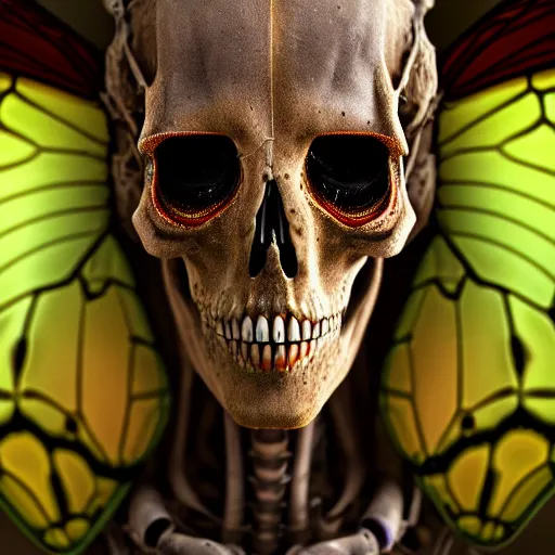 Image similar to a portrait of a skelton with moth wings, highly detailed, digital photo, hdri, by christopher bretz and john carpenter, vivid colors, high contrast, 8 k resolution, intricate, photorealistic, smooth, psychedelic color scheme, concept art, award winning, cg society contest winner