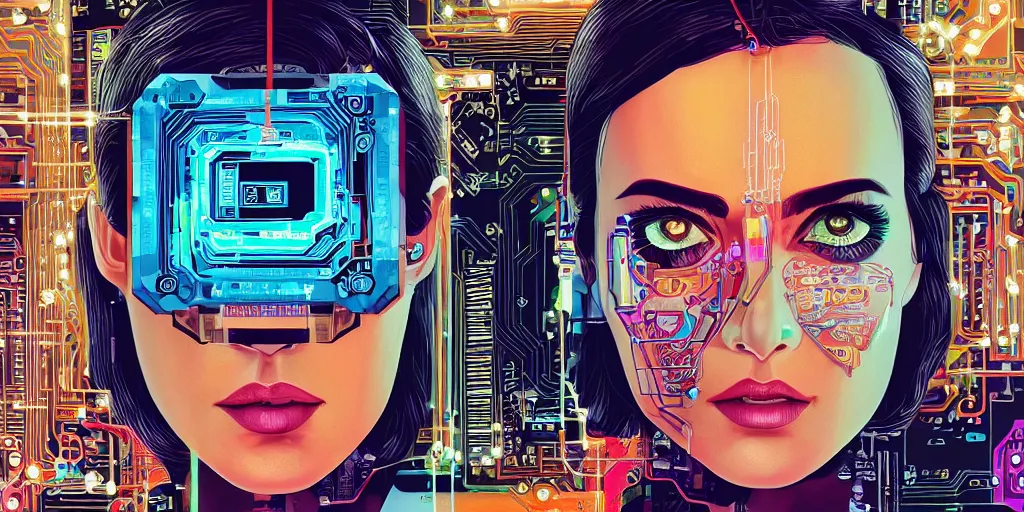 Image similar to portrait of computer & circuits, 8 k, by tristan eaton, trending on deviantart, face enhance, hyper detailed, minimalist, cybernetic, android, blade runner, full of colour, super detailed, cinematic