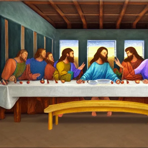 Image similar to the last supper painting but with pokemon, impressionist style, realistic, high detail, hdr render