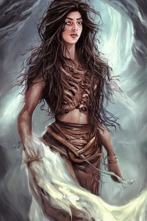 Prompt: a full body high detail fantasy portrait oil painting illustration of a necromancer by justin sweet with face and body clearly visible, flowing hair, high cheekbones, in a scenic background, pretty eyes, realistic proportions, d & d, rpg, forgotten realms, artstation trending, high quality, sombre mood, artstation trending, muted colours, entire person visible!