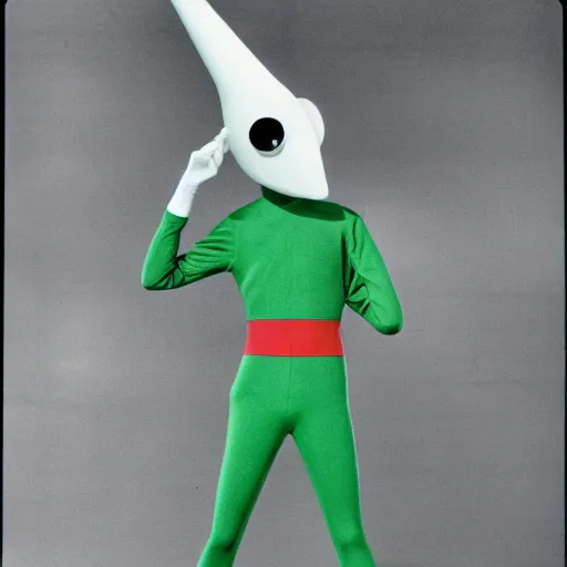 Image similar to Gumby with a long prosthetic nose 1977 wacky live-action childrens show technicolor film