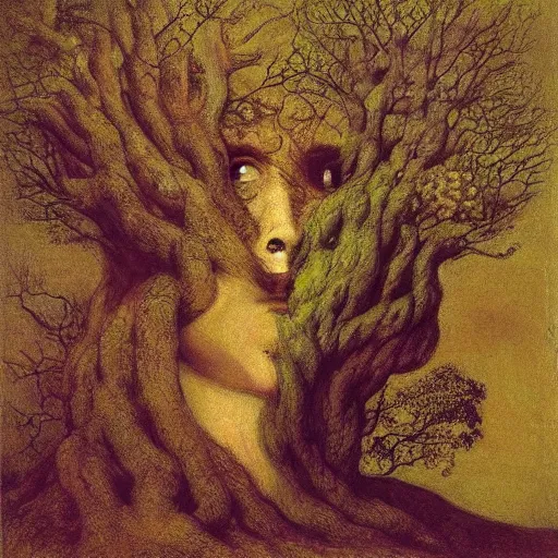 Prompt: flowering tree with extensive root system and trunk is a beautiful woman's head, by Odd Nerdrum, by Francisco Goya, by M.C. Escher, beautiful, eerie, surreal, colorful