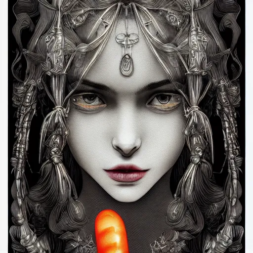 Prompt: the portrait of an absurdly beautiful, graceful, elegant, and sophisticated young vampire girlmade of bulbs of garlic, an ultrafine detailed illustration by james jean, intricate linework, bright colors, final fantasy, behance contest winner, vanitas, angular, altermodern, unreal engine 5 highly rendered, global illumination, radiant light, detailed and intricate environment