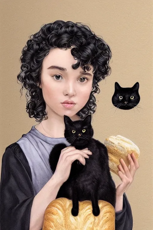 Prompt: beautiful cottagecore of a girl with short black curly hair, round face, cute face, holding a loaf of bread. There's also a black cat on her shoulder. intricate, elegant. highly detailed, digital painting, artstation, concept art, smooth, sharp, focus, illustration. Black cats. art by artgerm and greg rutkowski and alphonse mucha