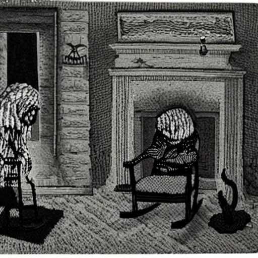 Prompt: terrifying old witch knits a sweater of worms in a rocking chair illuminated by the glow of the fireplace