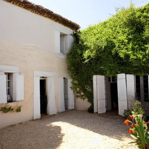 Image similar to ile de re house with a garden, two stores, white walls, orange roof