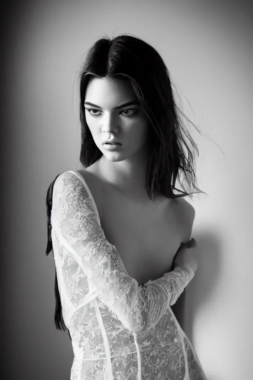 Image similar to emotionnal shot. fragile shy woman looking like Kendall Jenner with sheer dress with plunging neckline and lace sleeves. award-winning fashion photography. intimate and vulnerable lighting. 130mm bw fashion photography .