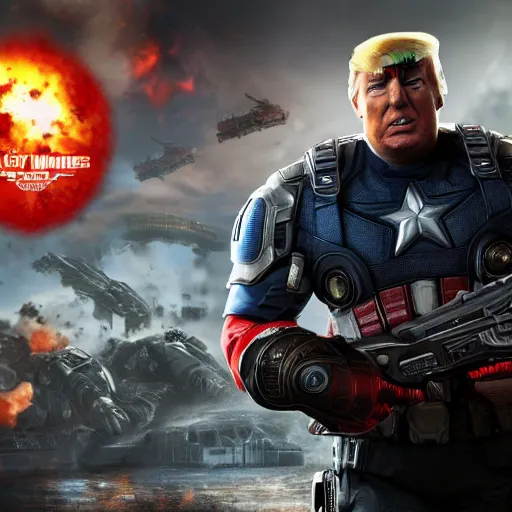 Prompt: Portrait! of President Donald Trump as ((captain america)) in Gears of War, patriotic, splash art, movie still, cinematic lighting, dramatic, octane render, long lens, shallow depth of field, bokeh, anamorphic lens flare, 8k, hyper detailed, 35mm film grain