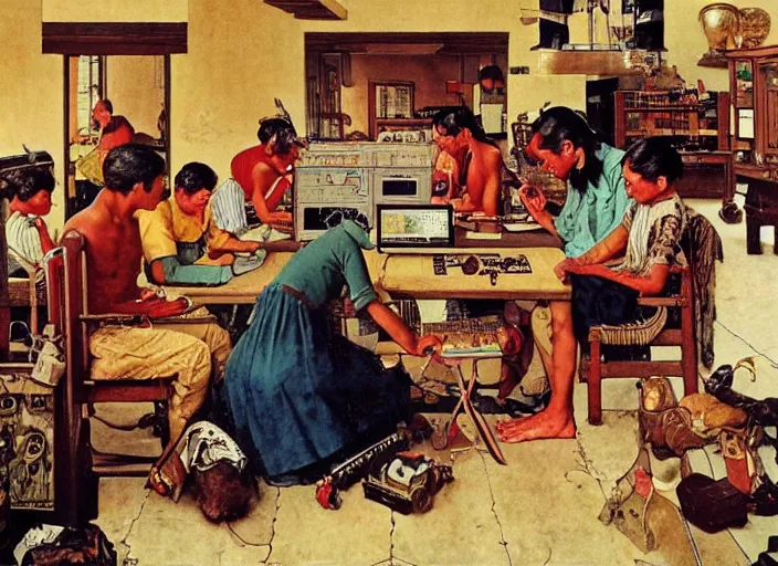 Prompt: Ancient Aztecs using computer at a lan house, Ancient, artwork by Norman Rockwell,