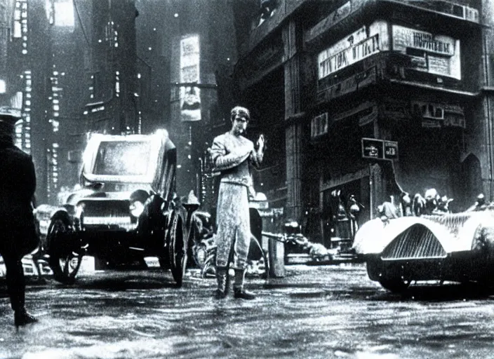Image similar to scene from the 1912 science fiction film Blade Runner with the main character standing next to a vehicle