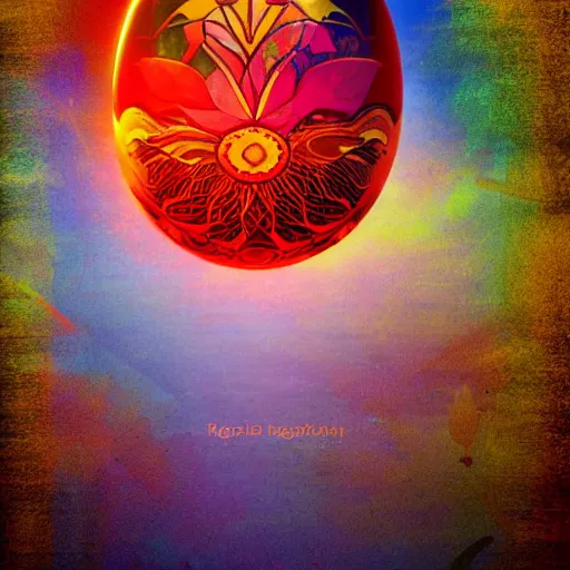 Image similar to the solarpunk phoenix, red bird, ornate egg, regeneration, landscape, epic composition, volumetric light, bokeh, inspired by monet and by alphonse mucha