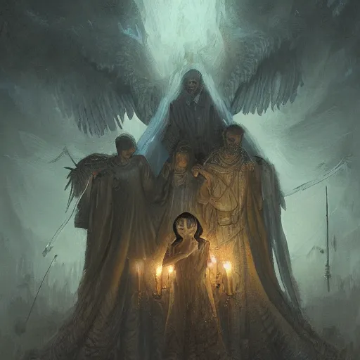 Image similar to angels protecting a praying man, detailed intricate ink illustration, dark atmosphere, detailed illustration, hd, 4k, digital art, overdetailed art, by greg rutkowski, by loish, complementing colors, Trending on artstation, deviantart