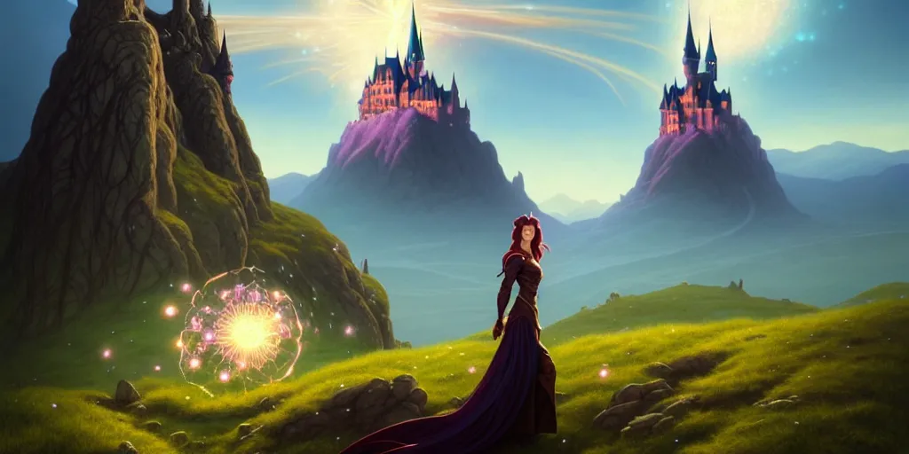 Prompt: a photo of a fantasy female wizard surrounded by magical particles stands on a hill. in the background on another hill stands a castle with mountains in the background, filled with magic, highly detailed, digital painting, artstation, smooth, sharp focus, illustration, art by artgerm and greg rutkowski and alphonse mucha