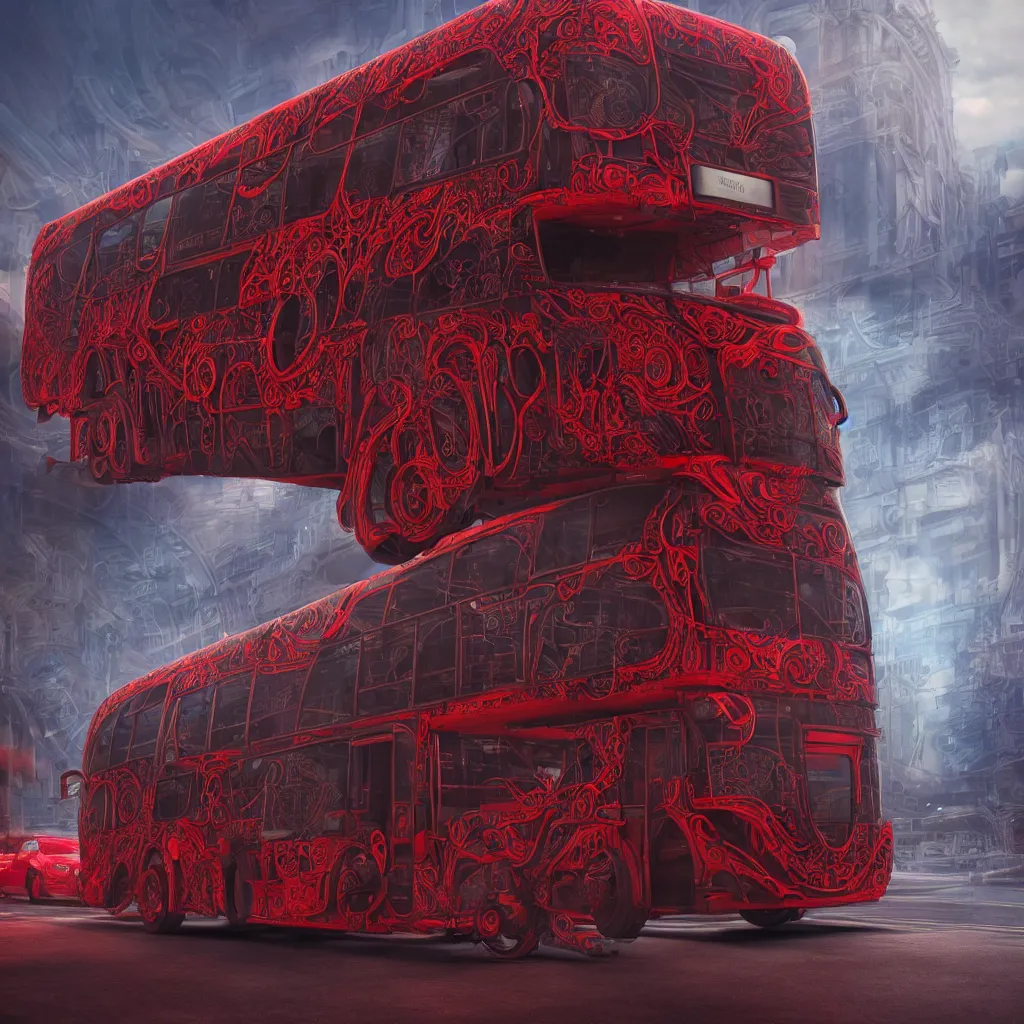 Prompt: mythical red organic biomechanical london bus. futuristic. blue blurry background. highly detailed, intricate steampunk ornate, poetic, 3 d render, digital art, octane render, 8 k artistic photography, photorealistic.