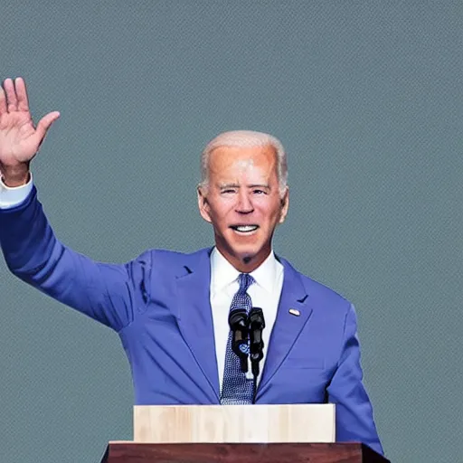 Image similar to joe biden giving speech looking up in the sky hands up