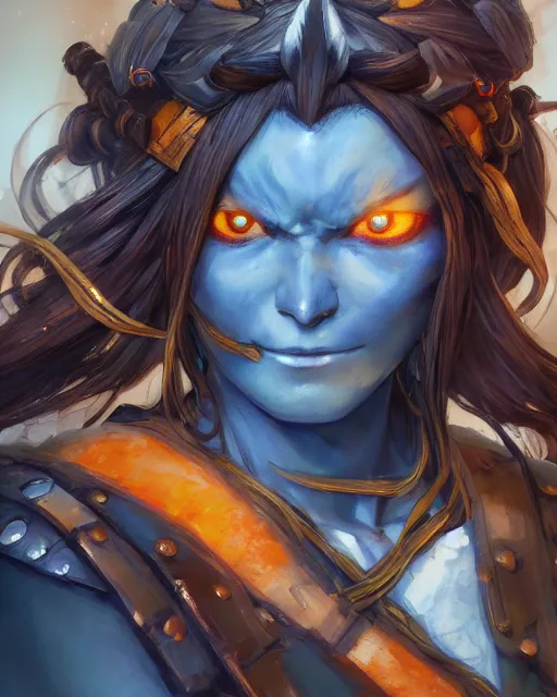 Image similar to An anime portrait of a beautiful D&D half-orc female with long wavy dark blue hair, bright orange eyes, intricate full body armour, fantasy soldier, by Stanley Artgerm Lau, WLOP, Rossdraws, James Jean, Andrei Riabovitchev, Marc Simonetti, and Sakimichan, highly detailed, ultra detailed, golden hour, trending on artstation, cgstudio