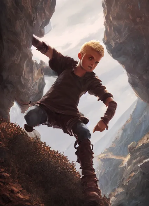 Image similar to An epic fantasy comic book style portrait painting of a young blonde boy thief climbing out of a hole, unreal 5, DAZ, hyperrealistic, octane render, cosplay, RPG portrait, dynamic lighting