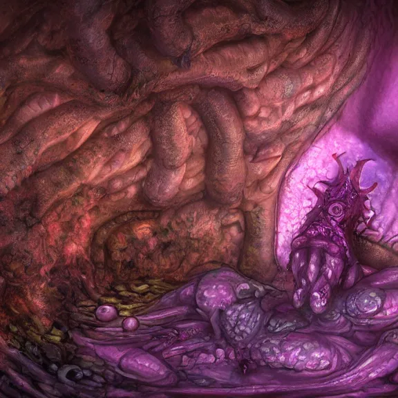 Image similar to detailed shot of inside a cavernous living stomach of a goddess, the walls purple and pulsing, lots of acid pooling up on the floor, digesting and dissolving a small dragon as it thrashes in acid, food pov, micro pov, vore, digital art, furry art, anthro art, high quality, 8k 3D realistic, macro art, micro art, Furaffinity, Deviantart, Eka's Portal, G6